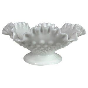 Vintage Fenton White Milk Glass Hobnail Ruffled Edge Taper Candle Holder Bowl